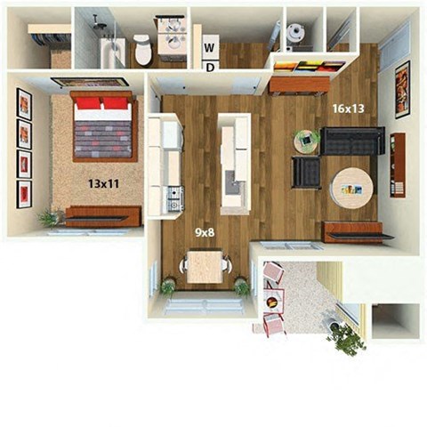 Floor plan for 1 bed, 1 bath, 713 sqft